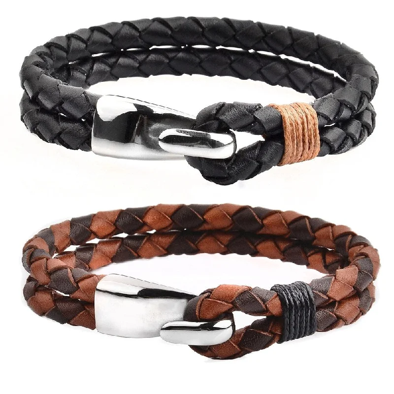 Copper band bracelet-Men's Stainless Steel Braided Leather Bracelet (11mm Wide)