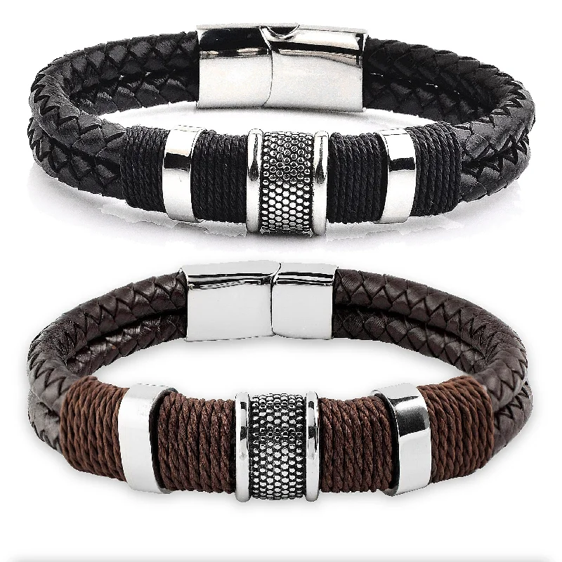 Offset gem bracelet-Men's Stainless Steel Woven Leather Bracelet - 8.5 Inches