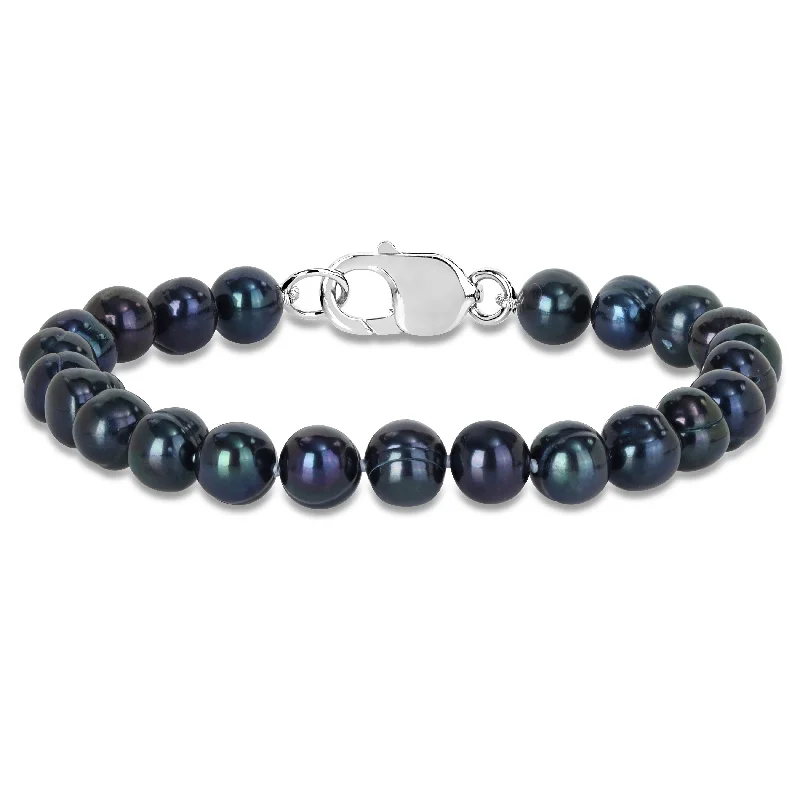 Crescent charm bracelet-Miadora 8-8.5mm Men's Black Cultured Freshwater Pearl Bracelet with Sterling Silver