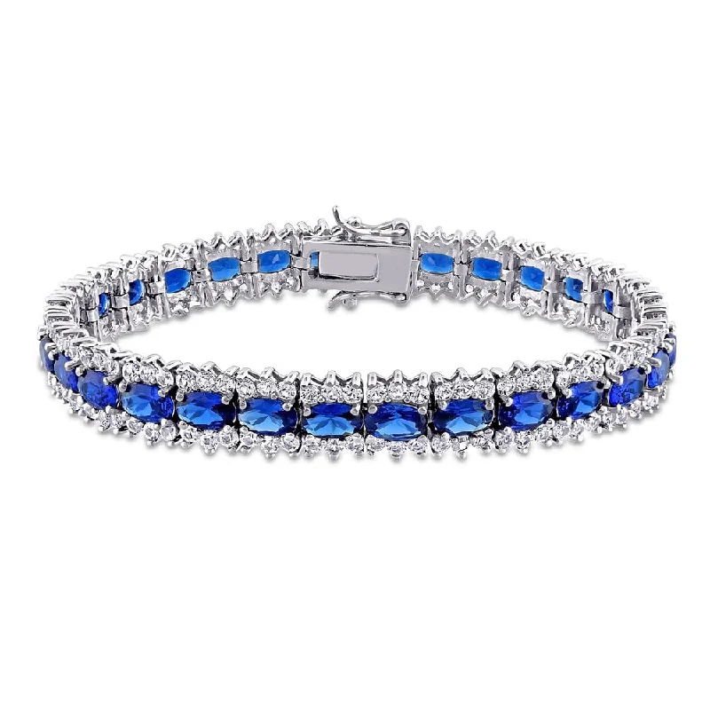 Scuffed edge bracelet-Miadora Sterling Silver Created Blue and White Sapphire Halo Tennis Bracelet