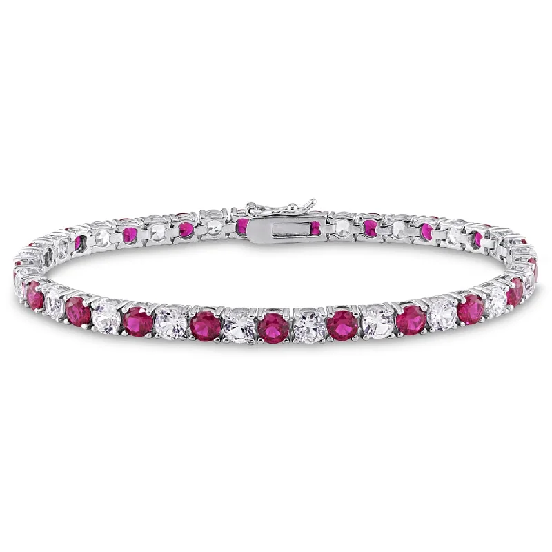 Curled metal bracelet-Miadora Sterling Silver Created White Sapphire and Ruby Tennis Bracelet