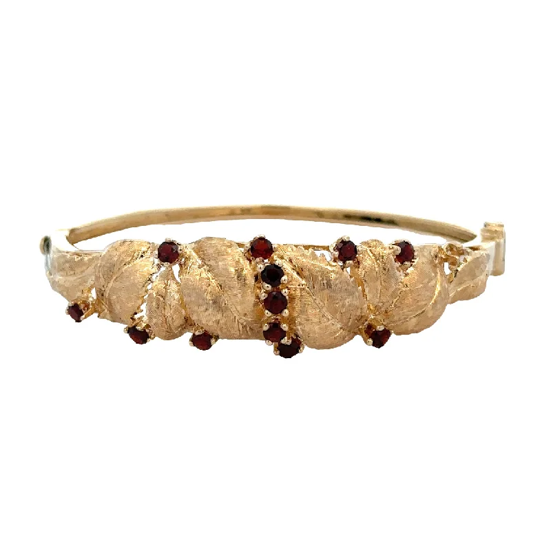 Celtic wave bracelet-Mid-Century Vintage Garnet Foliate Bracelet in Yellow Gold