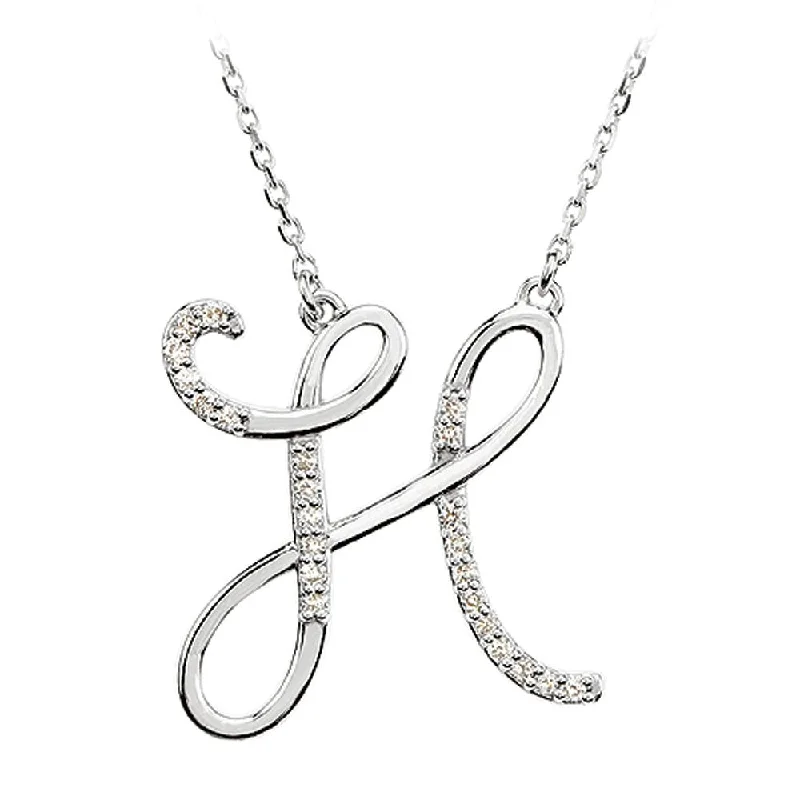 Muted check necklace-1/8 Ctw Diamond 14k White Gold Medium Script Initial H Necklace, 17in