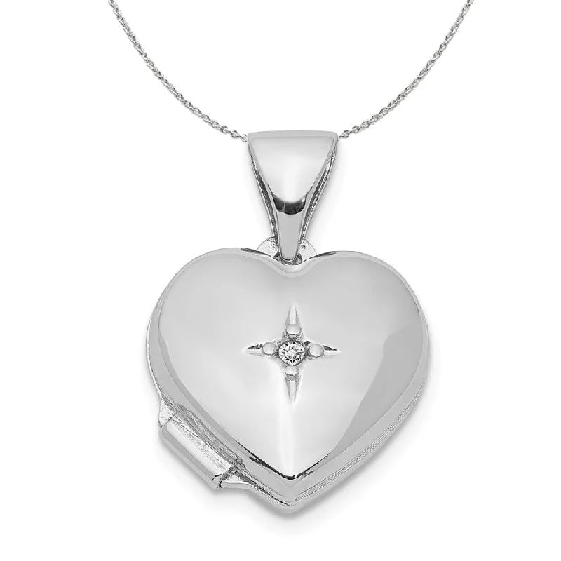 12mm Diamond Accent Heart Shaped Locket in Sterling Silver Necklace