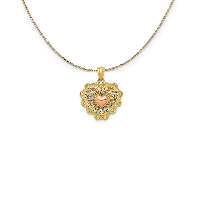 Baroque bend necklace-14k Two Tone Gold 16mm Reversible Filigree Heart Necklace