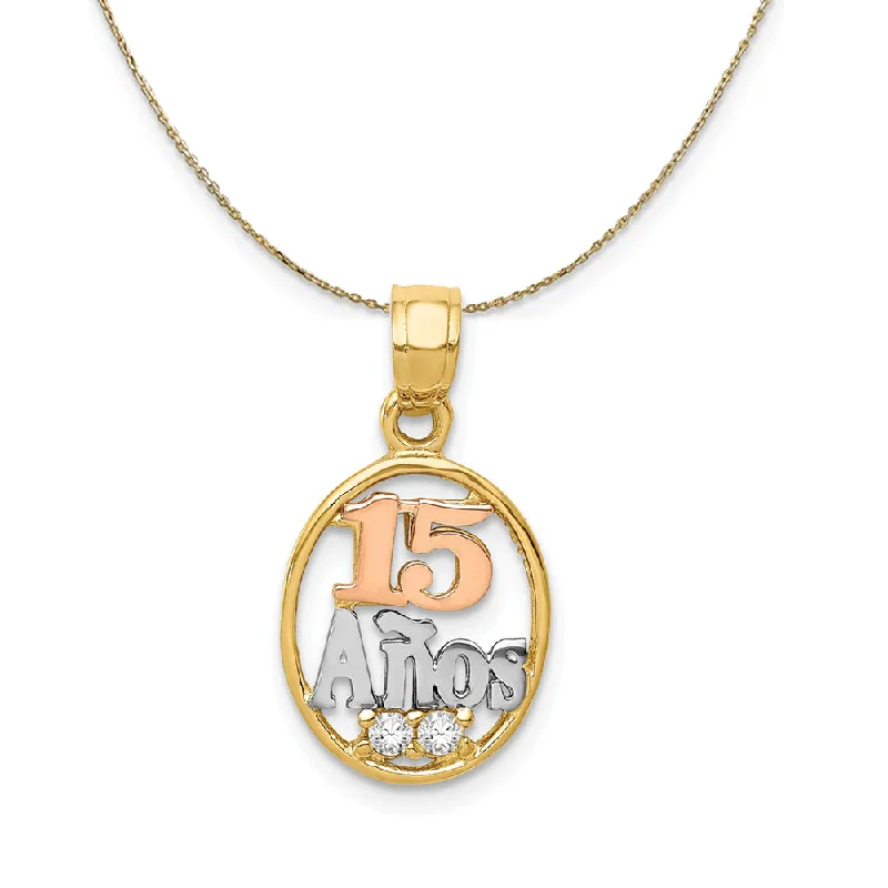 14k Two Tone Gold, Rhodium & CZ Number 15 Anos, 11mm Necklace