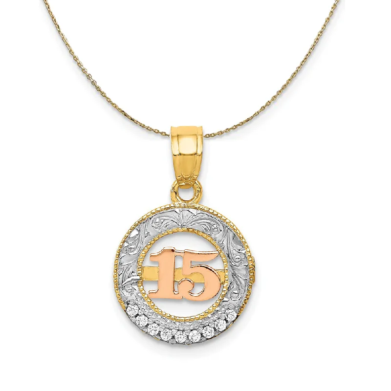 14k Two Tone Gold, Rhodium & CZ Number 15 Circle Necklace