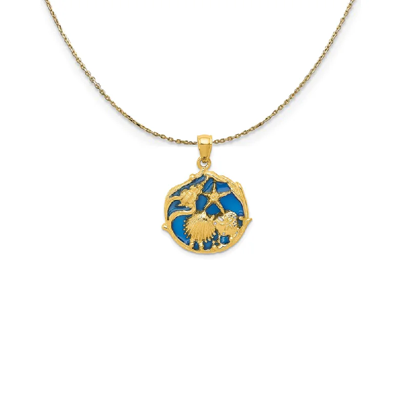 14k Yellow Gold Blue Stained Glassed Cluster Shell Necklace