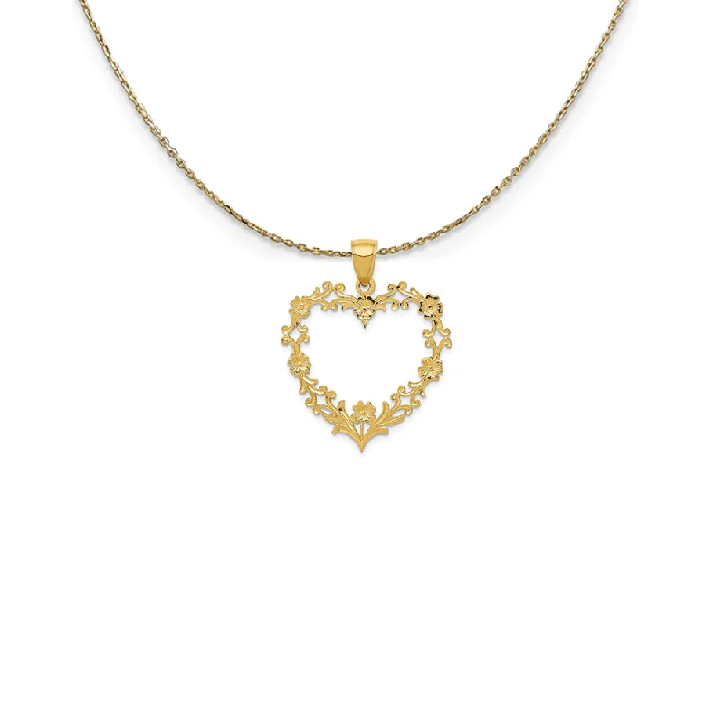 Grooved chain necklace-14k Yellow Gold Floral Cutout Heart (26mm) Necklace