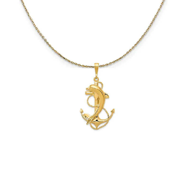 Lattice grid necklace-14k Yellow Gold Large Polished Anchor with Dolphin Necklace