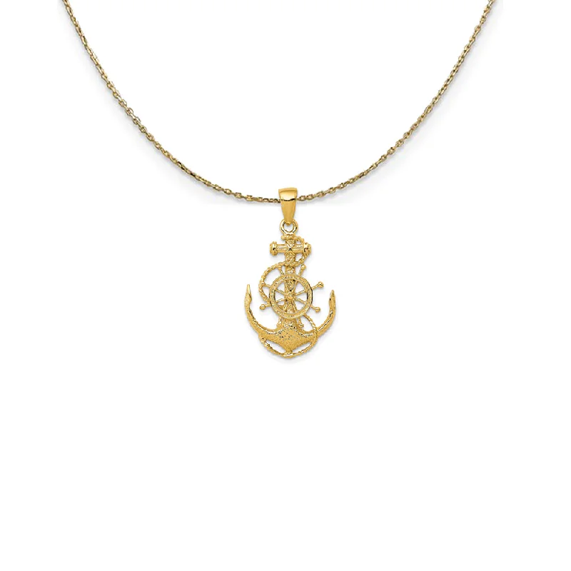 Steel toned necklace-14k Yellow Gold Medium Anchor, Ship's Wheel and Rope Necklace