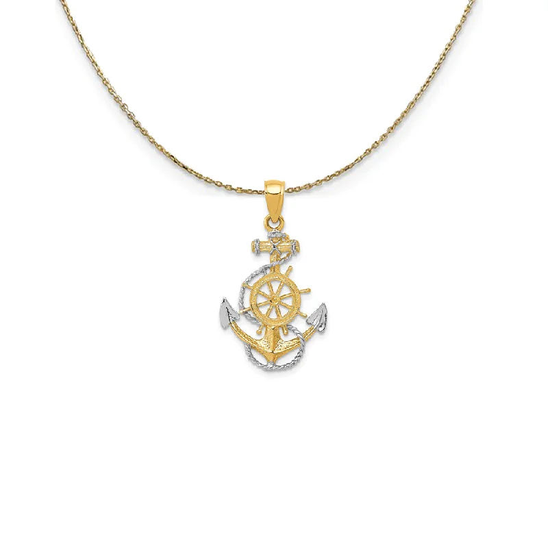 14k Yellow Gold & Rhodium Anchor, Ship's Wheel & Rope Necklace