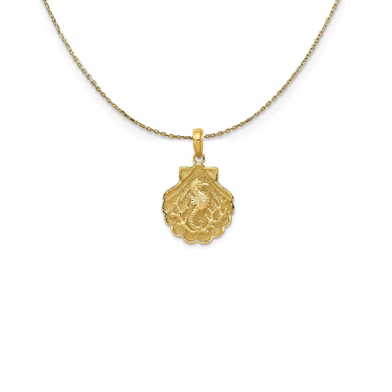 14k Yellow Gold Seahorse and Coral in a Scallop Shell Necklace