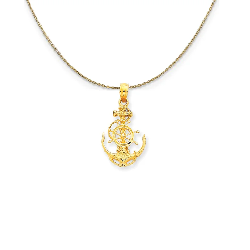 Coarse grain necklace-14k Yellow Gold Small Anchor, Ship's Wheel and Rope Necklace