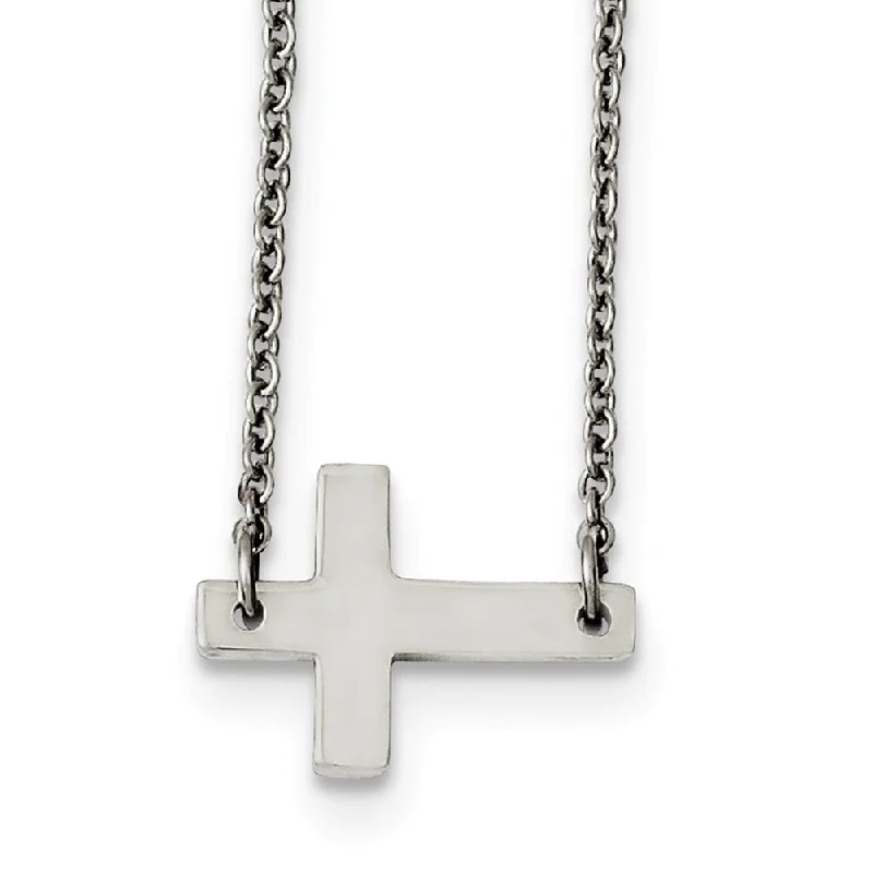 Polished Sideways Latin Cross Necklace in Stainless Steel, 16.75 Inch