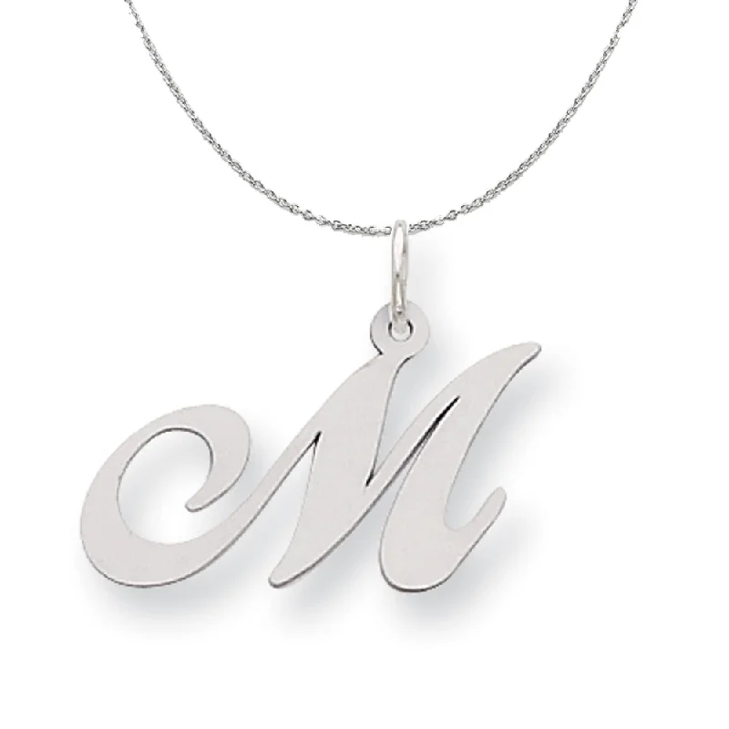 Silver, Ella Collection Medium Fancy Script Initial M Necklace