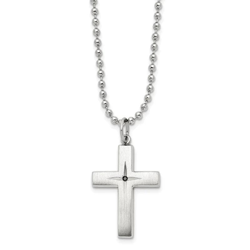 Stainless Steel 0.015ct Black Diamond Brushed Cross Necklace, 24 Inch