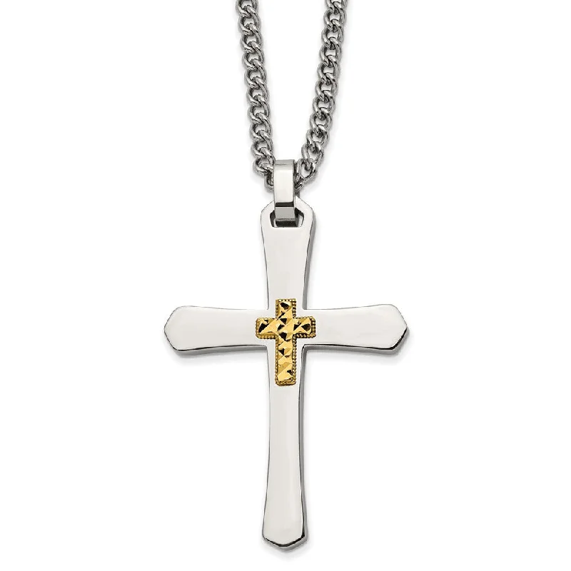 Stainless Steel & 14k Yellow Gold Accent D/C Cross Necklace, 24 Inch