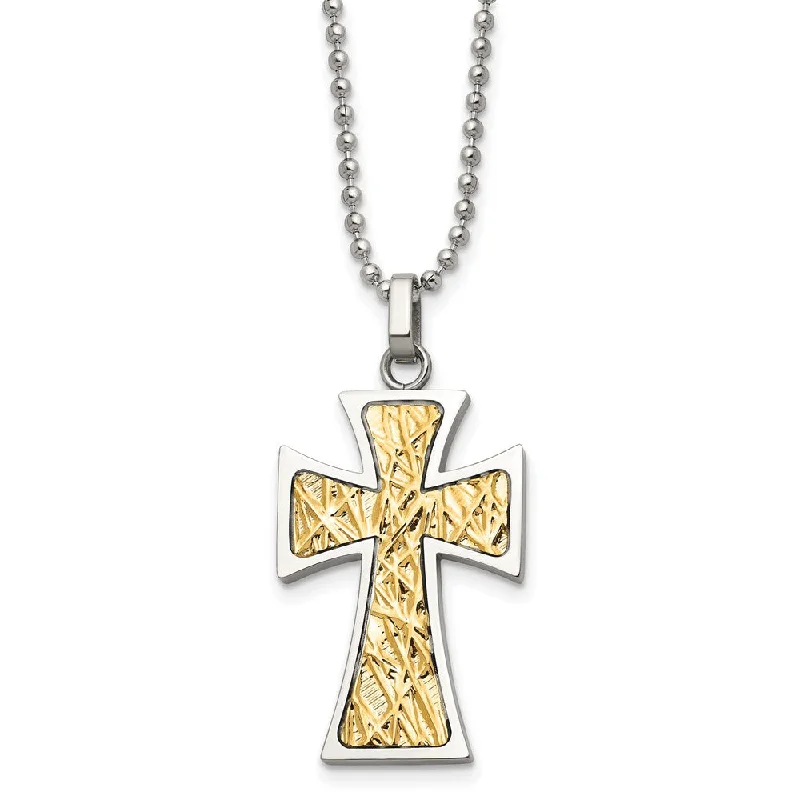 Stainless Steel & 14k Yellow Gold Accent Maltese Cross Necklace, 22 In