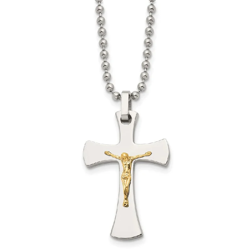 Stainless Steel & 14k Yellow Gold Crucifix Maltese Necklace, 22 inch