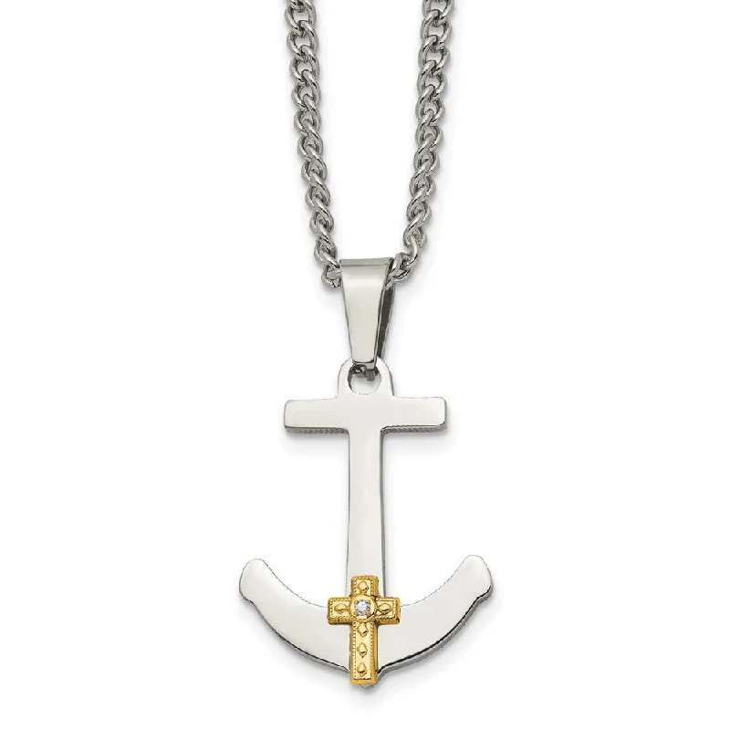 Stainless Steel 14k Yellow Gold & Diamond Anchor Cross Necklace, 24 In