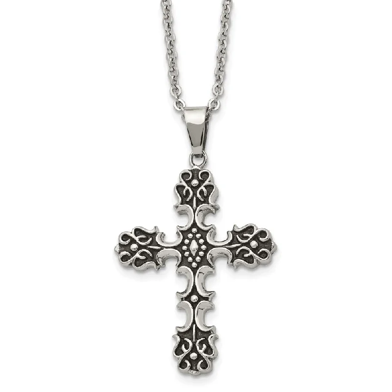 Fir sprig necklace-Stainless Steel Antiqued Ornate Cross Necklace, 22 Inch