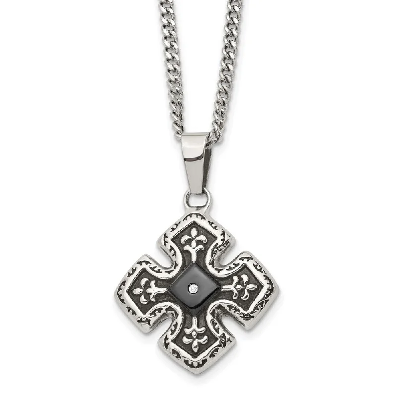 Cotton weave necklace-Stainless Steel, Black Plated & CZ Celtic Cross Necklace, 20 Inch