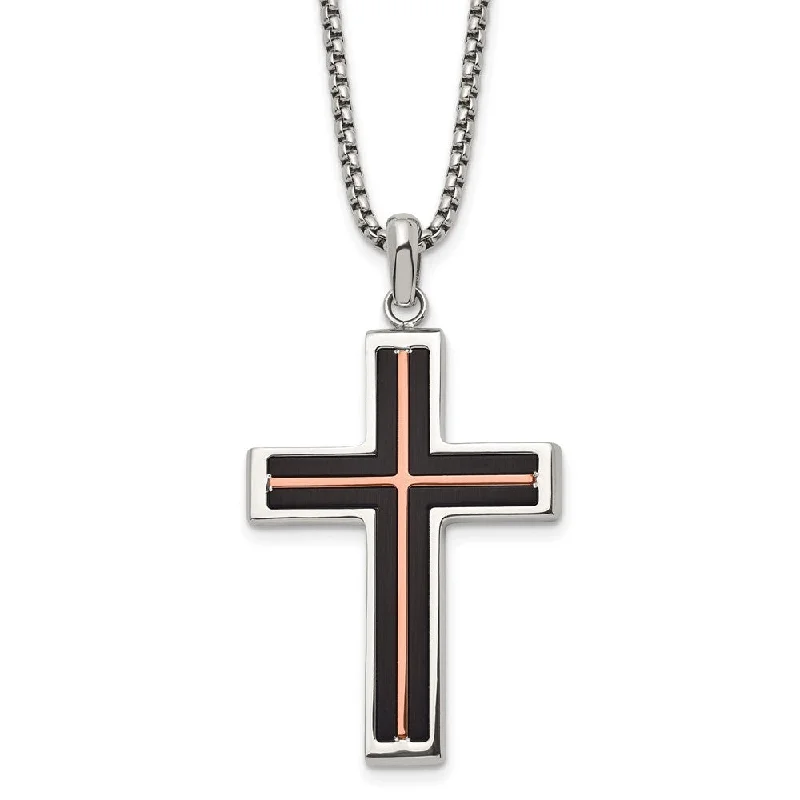 Stainless Steel Black & Rose Tone Plated Cross Necklace, 24 Inch