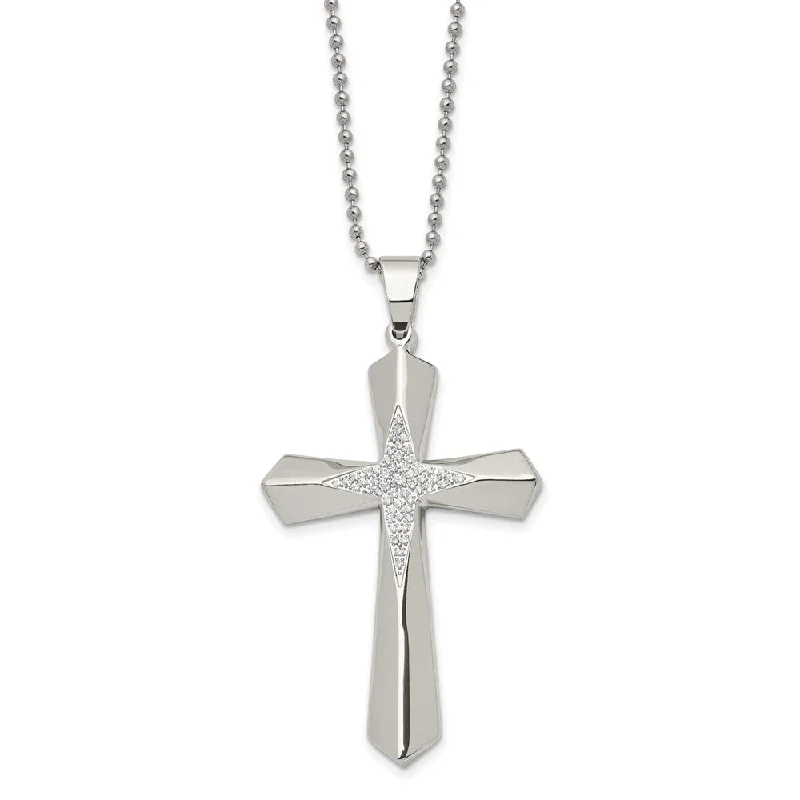 Stainless Steel & CZ Large Passion Cross Necklace, 24.5 Inch