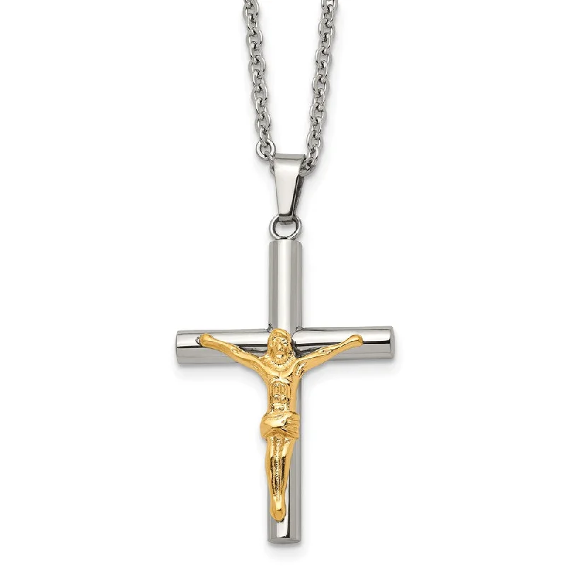 Stainless Steel Gold Tone Plated Crucifix Tube Cross Necklace, 20 Inch