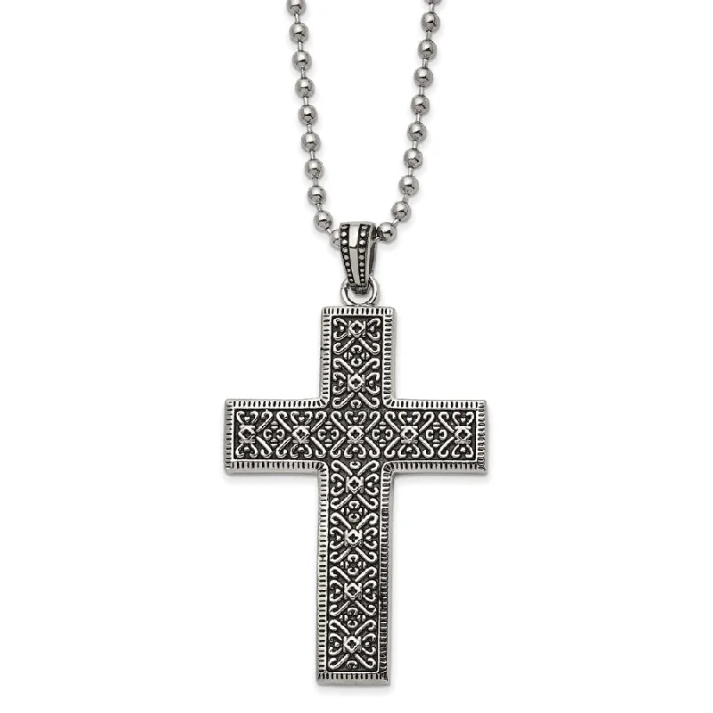 Stainless Steel Large Antiqued Fancy Cross Necklace, 22 Inch