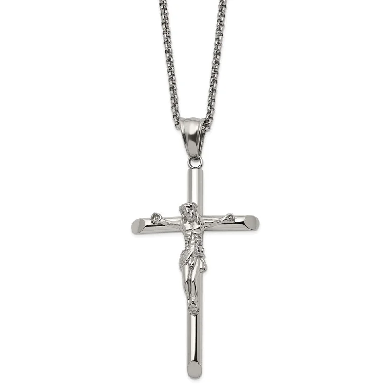 Lemon amber necklace-Stainless Steel Large Polished Crucifix Cross Necklace, 22 Inch