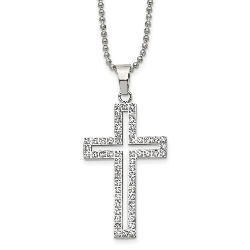 Delicate swirl necklace-Stainless Steel & White CZ Voided Cross Necklace, 22 Inch