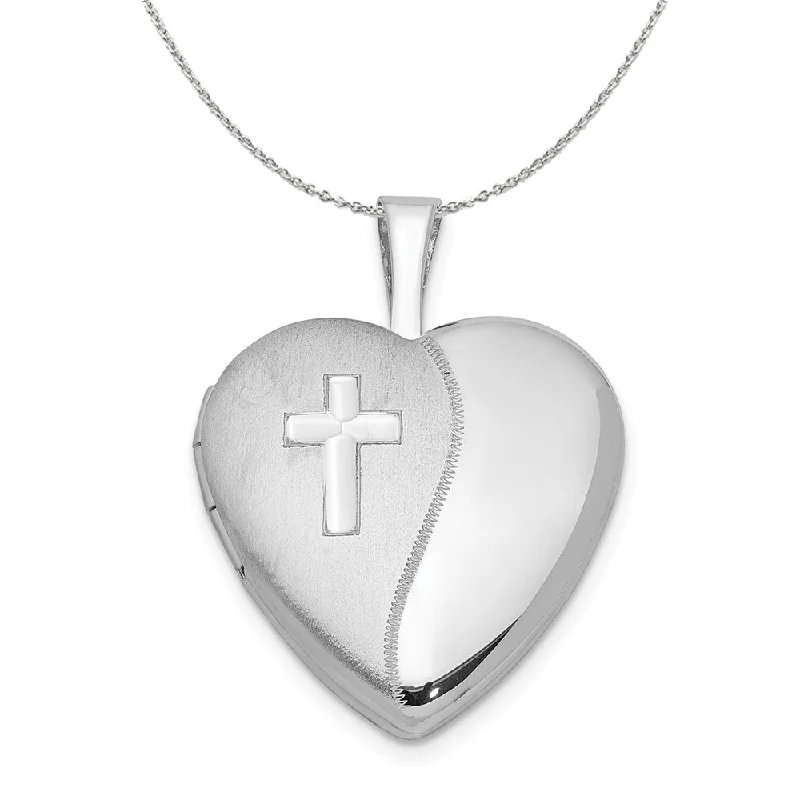 Edge gem necklace-Sterling Silver 16mm Polished and Satin Heart w/ Cross Locket Necklace