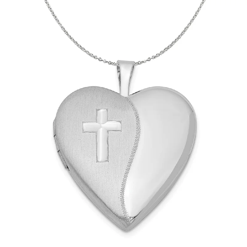 Pear-shaped zircon necklace-Sterling Silver 20mm Polished and Satin Heart w/ Cross Locket Necklace