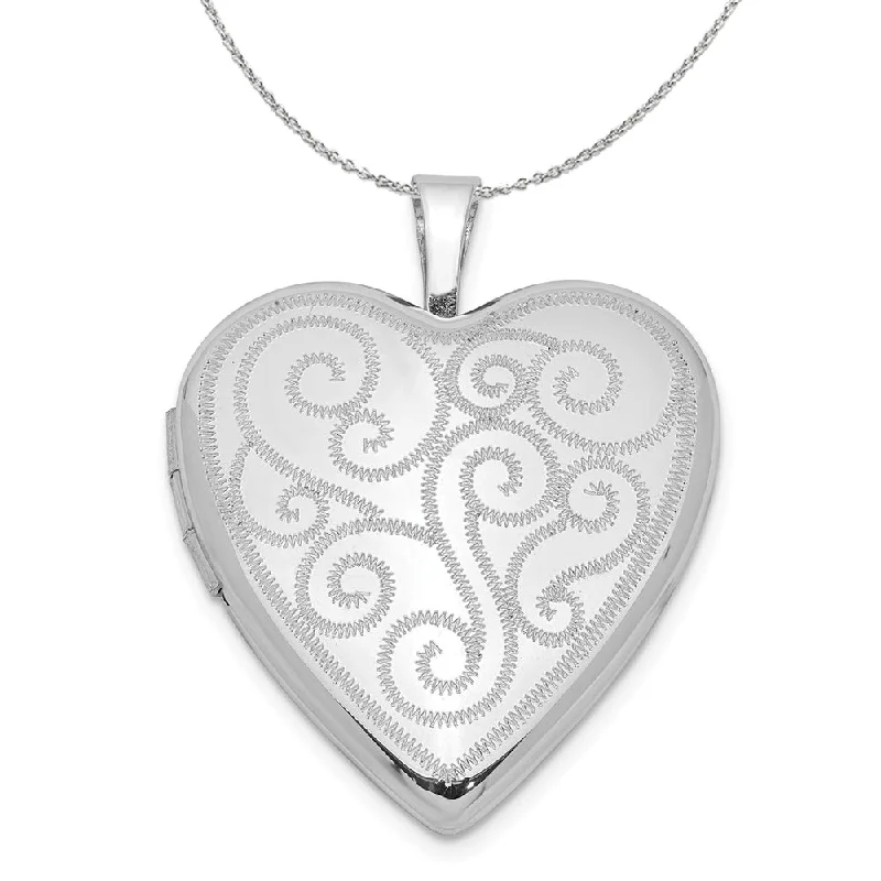 Tattered rim necklace-Sterling Silver 20mm Swirl Design Heart Locket Necklace