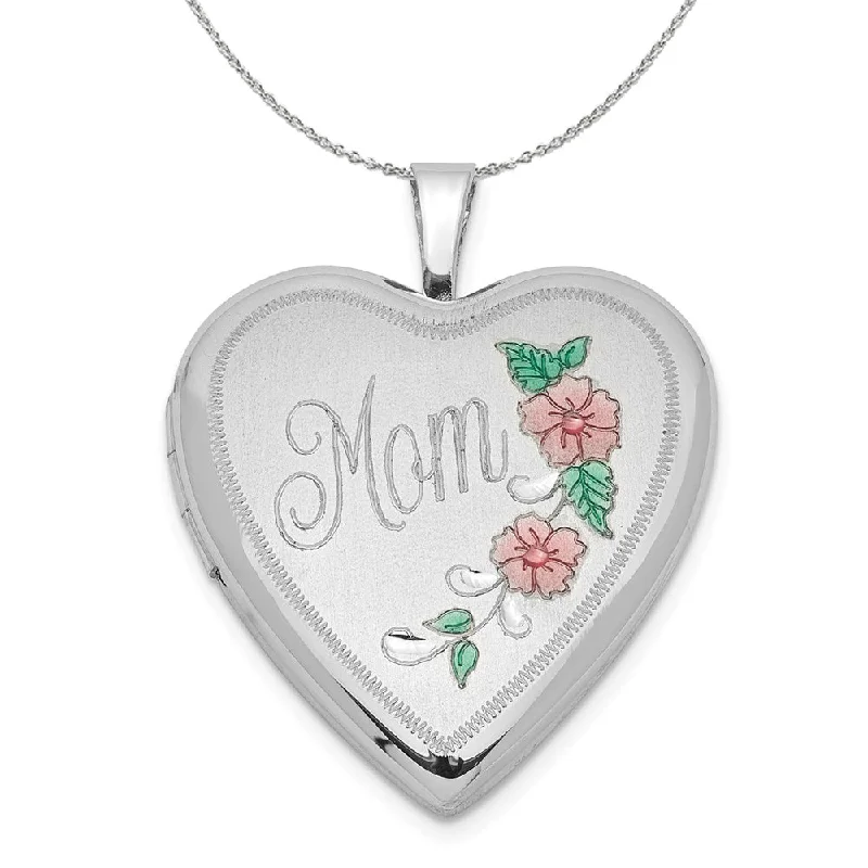 Folded rim necklace-Sterling Silver and Enamel 20mm Mom Floral Heart Locket Necklace