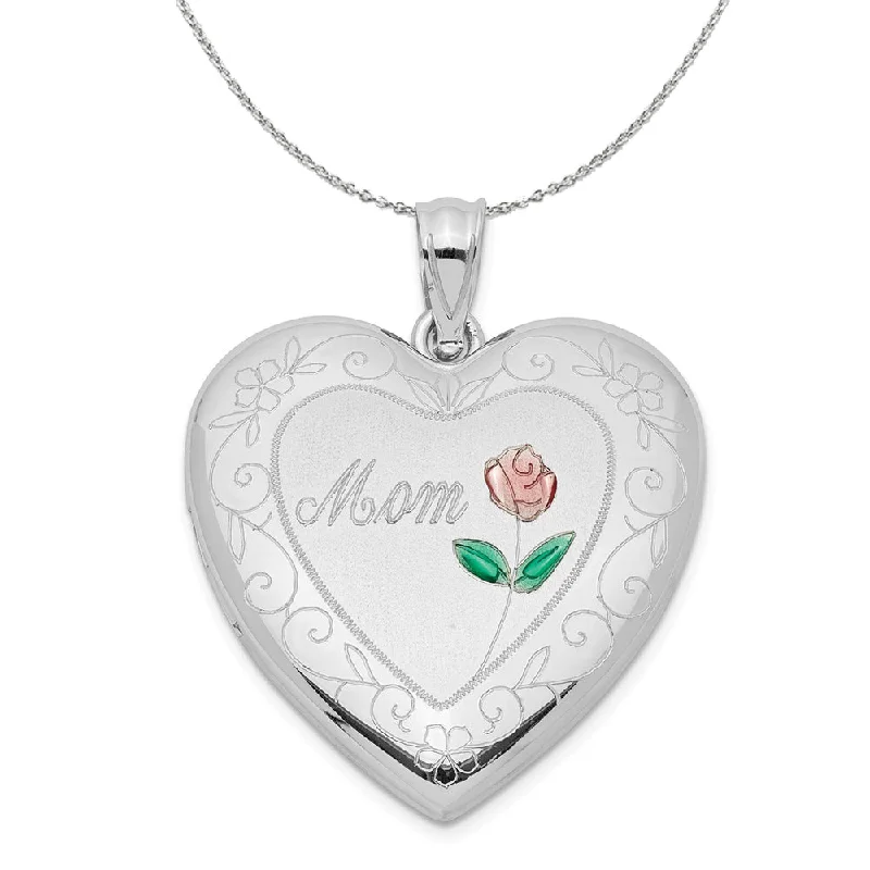 Cotton weave necklace-Sterling Silver and Enamel 24mm Mom Rose Heart Locket Necklace