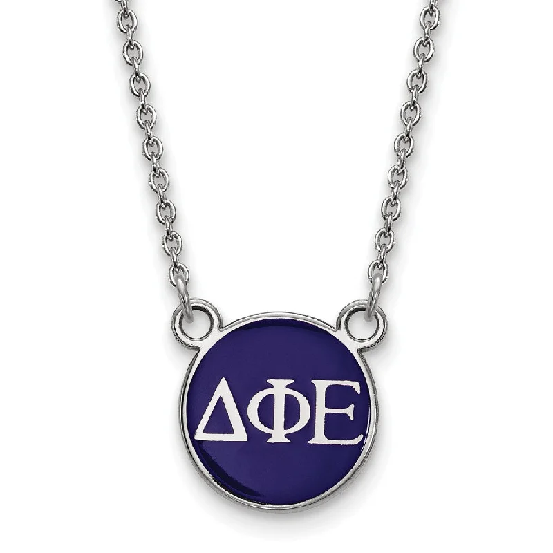 Sterling Silver Delta Phi Epsilon Small Blue Enamel Disc Necklace