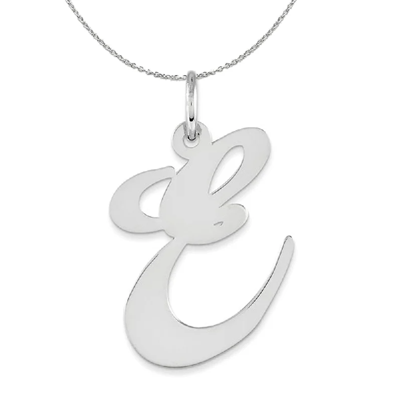 Sterling Silver, Ella Collection, LG Fancy Script Initial E Necklace