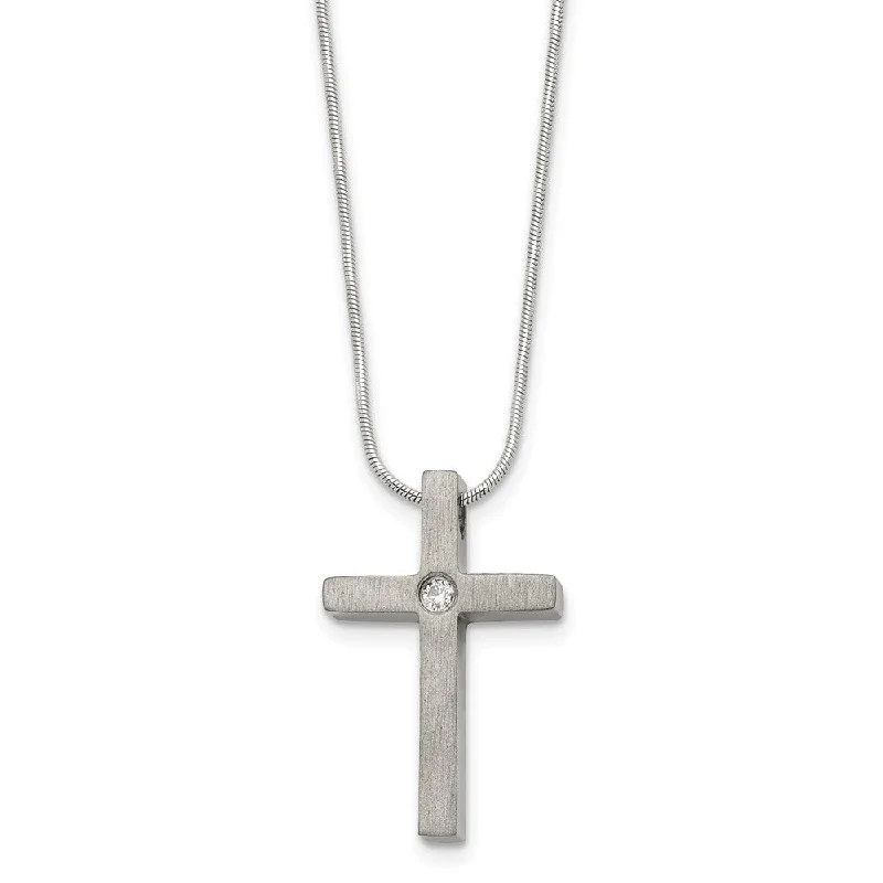 Ash sprig necklace-Women's Titanium, Stainless Steel & CZ Brushed Cross Necklace, 18 Inch