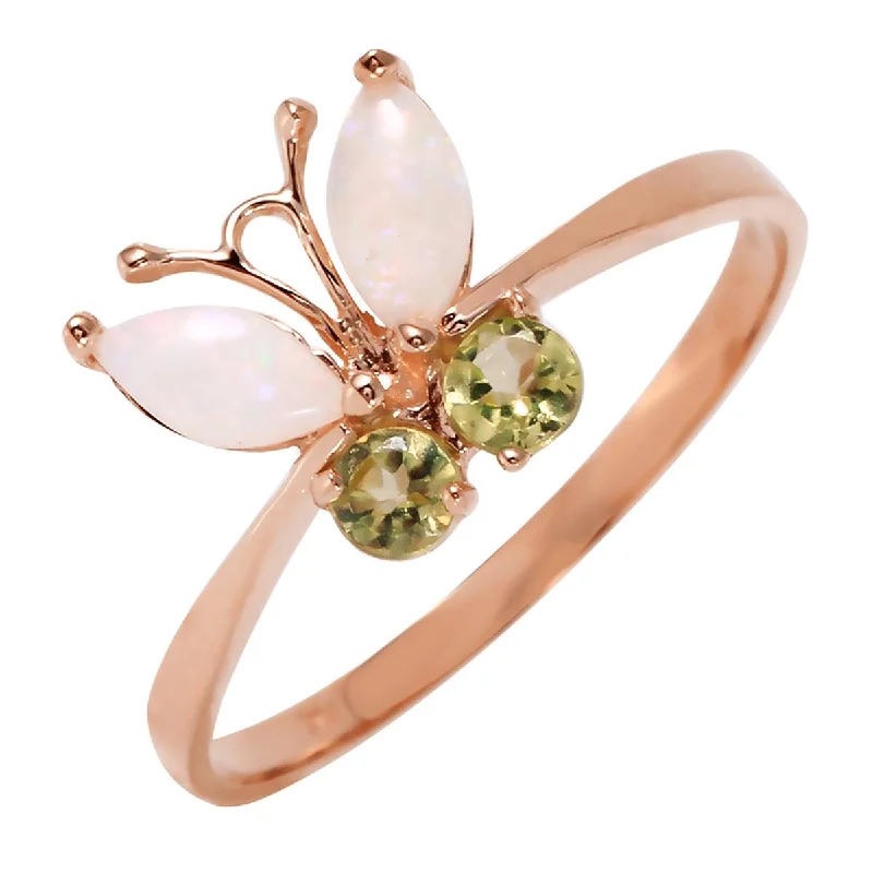 Root stem necklace-0.7 Carat 14K Solid Rose Gold Butterfly Ring Opal Peridot