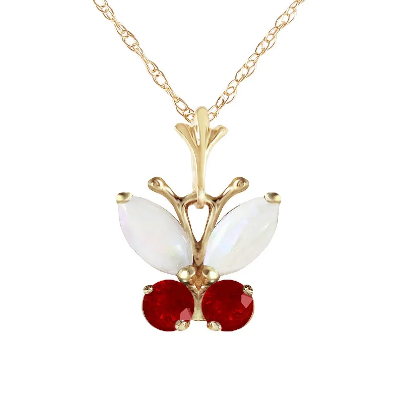 Frosted quartz necklace-0.7 Carat 14K Solid Yellow Gold Butterfly Necklace Opal Ruby