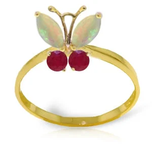 Sheen gem necklace-0.7 Carat 14K Solid Yellow Gold Butterfly Ring Opal Ruby