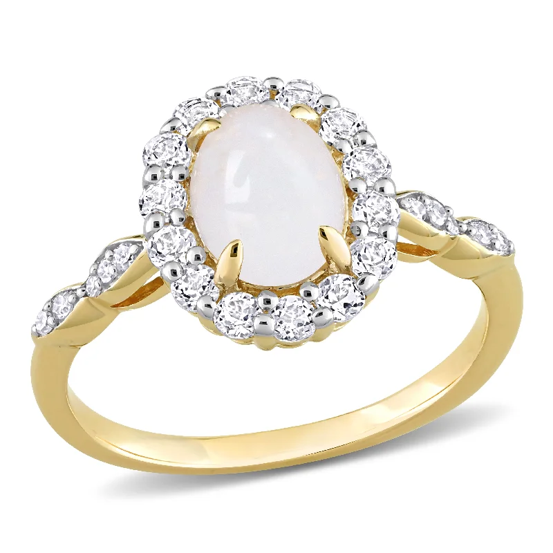 Fossil fragment ring-1 1/2 CT TGW Oval Shape Opal and White Topaz and Diamond Accent Halo Ring in 14K Yellow Gold