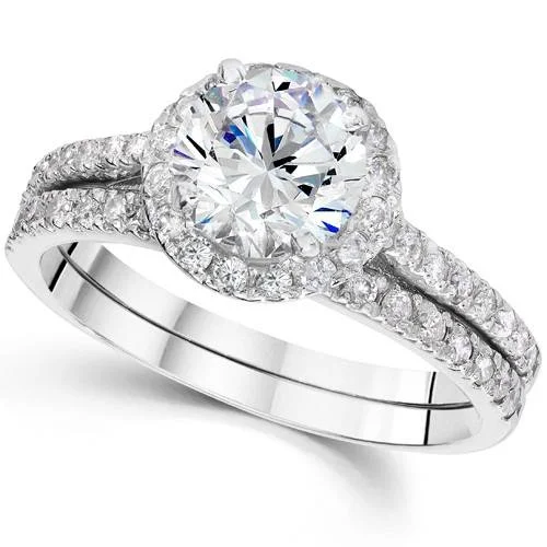 Fluke ridge ring-1 1/3ct Round Diamond Halo Engagement Ring Set 14K White Gold