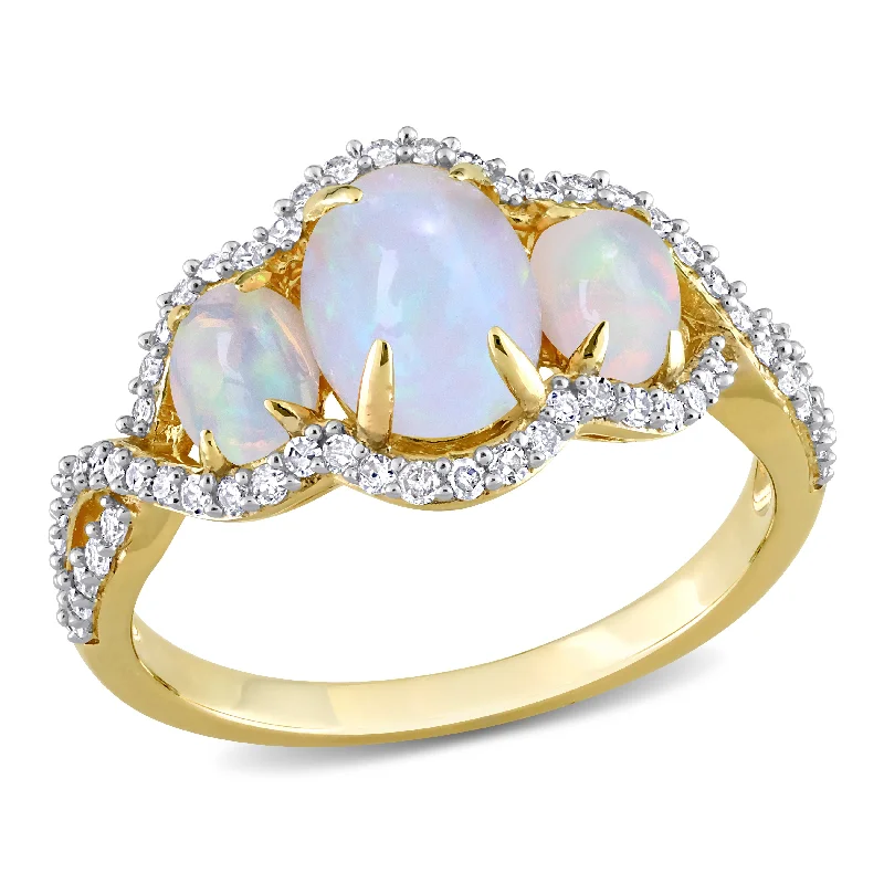 Celtic wave ring-1 1/4 CT TGW Oval Cut Ethiopian Blue Opal and 1/3 CT TW Diamond Halo 3-Stone Ring in 10K Yellow Gold