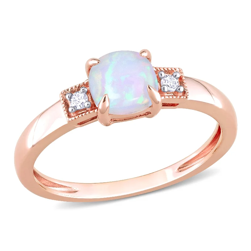 Wavy shank ring-1 1/5 CT TGW Cushion Shape Blue Ethiopian Opal and Diamond Accent Ring in 10K Rose Gold