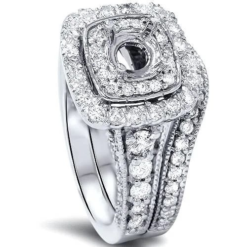 Fused grain ring-1 1/6ct Double Cushion Halo Diamond Engagement Ring Mount Set 14K White Gold