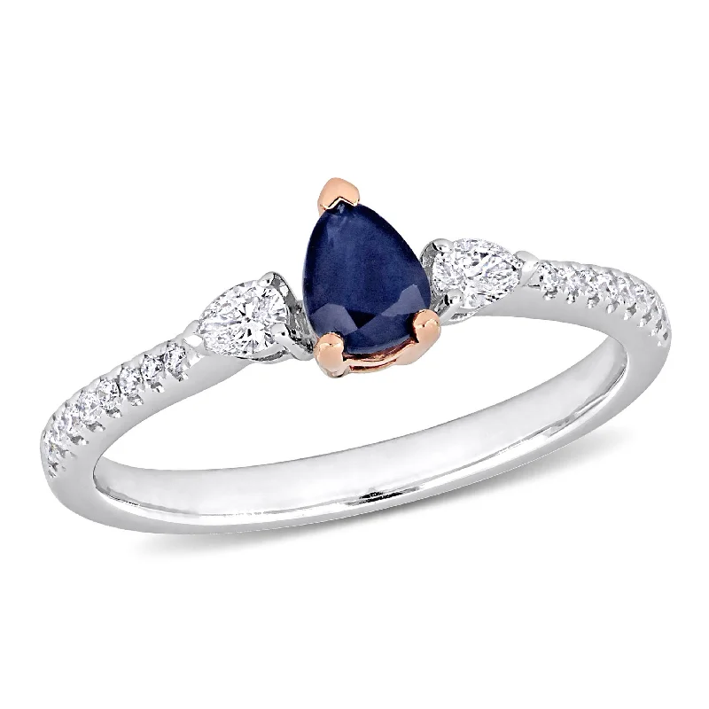 Silk weave ring-1/2 CT TGW Pear Shape Sapphire and 1/4 CT TW Diamond 3-stone Ring in 2-tone 14K White & Rose Gold